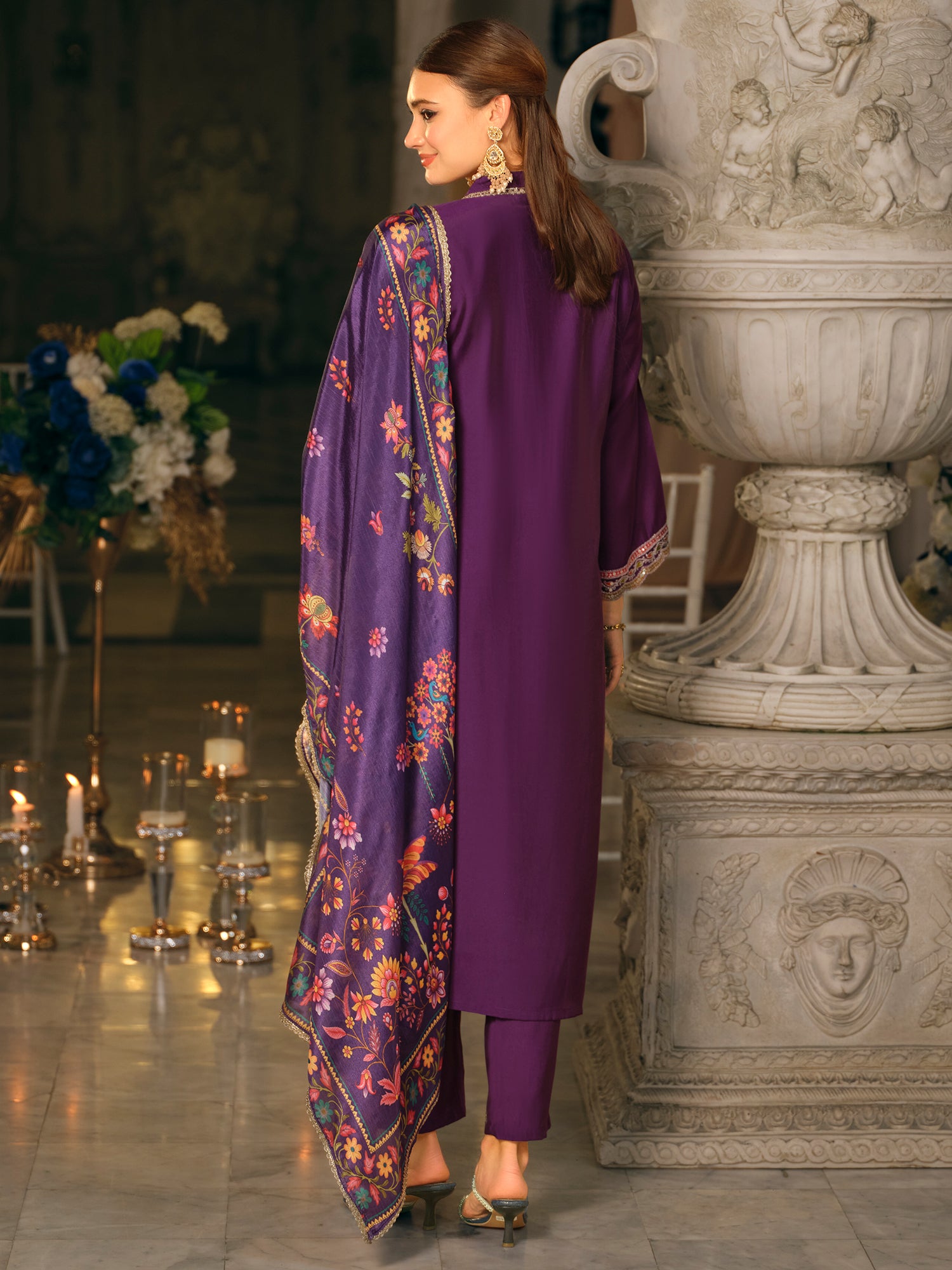 Purple Embroidered Straight Kurta Trousers With Dupatta set