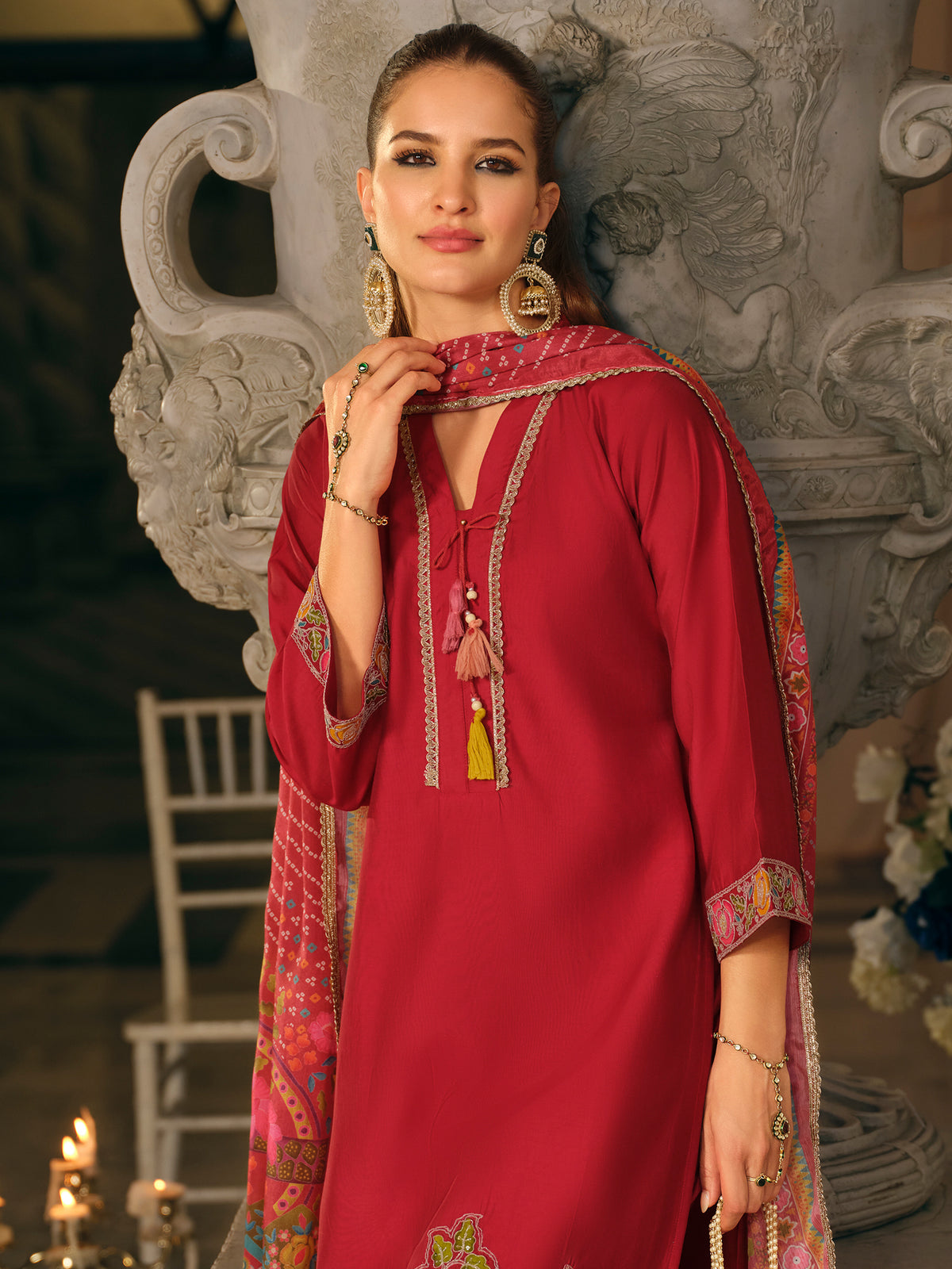 Pink Embroidered Straight Kurta Trousers With Dupatta set-KH9PK12499