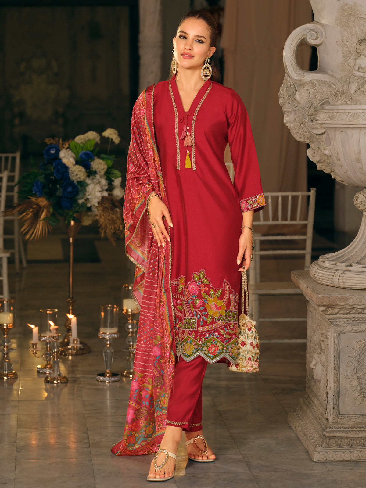 Pink Embroidered Straight Kurta Trousers With Dupatta set-KH9PK12499