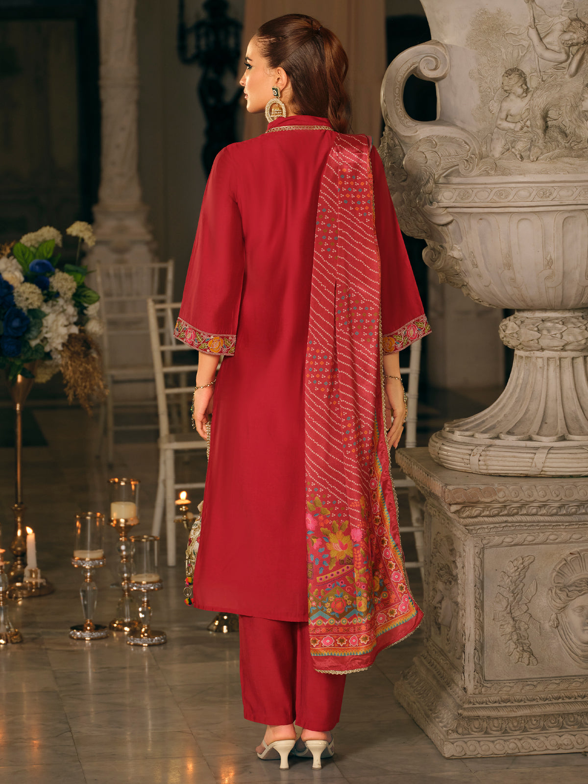 Pink Embroidered Straight Kurta Trousers With Dupatta set-KH9PK12499