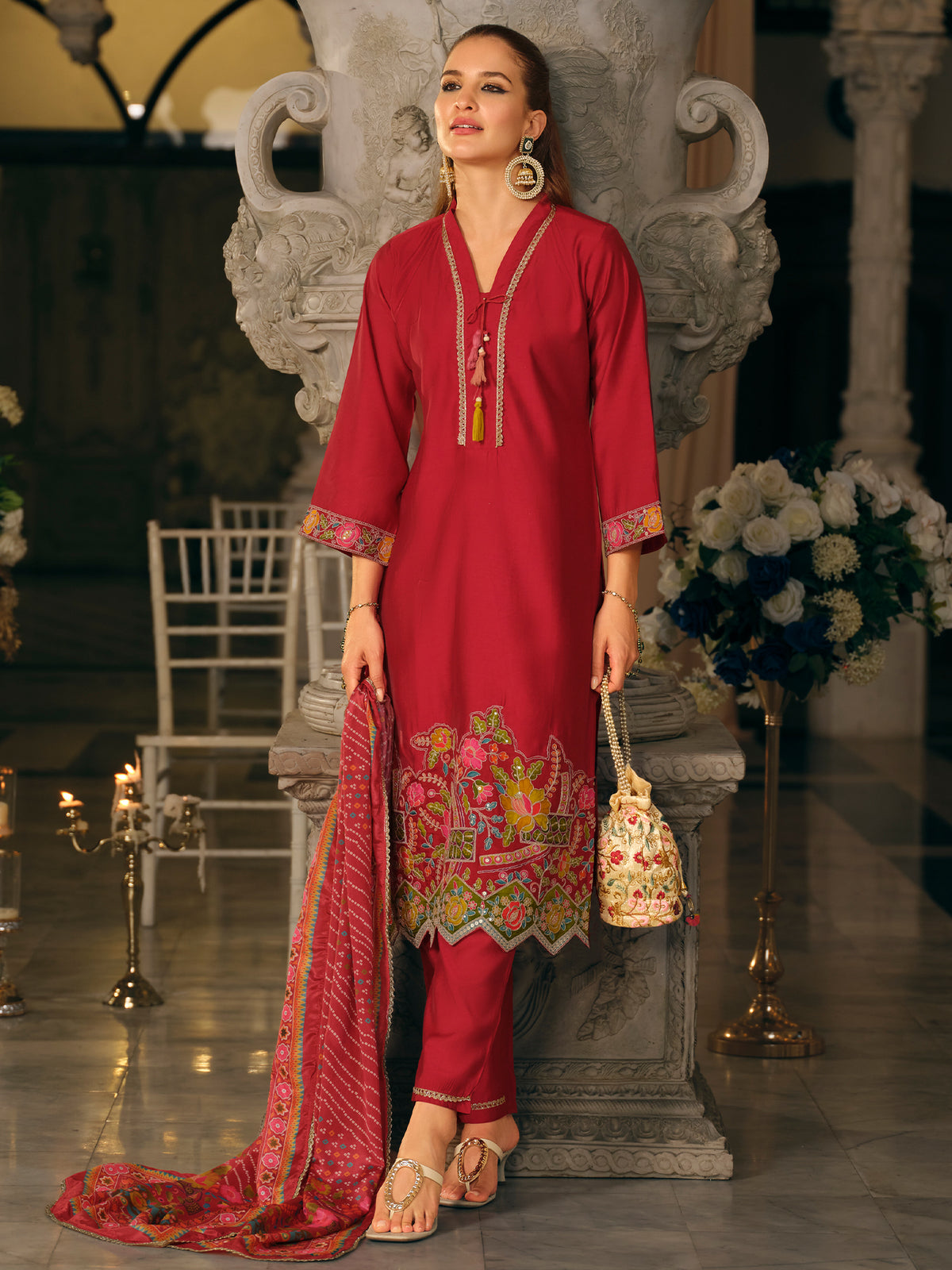 Pink Embroidered Straight Kurta Trousers With Dupatta set-KH9PK12499