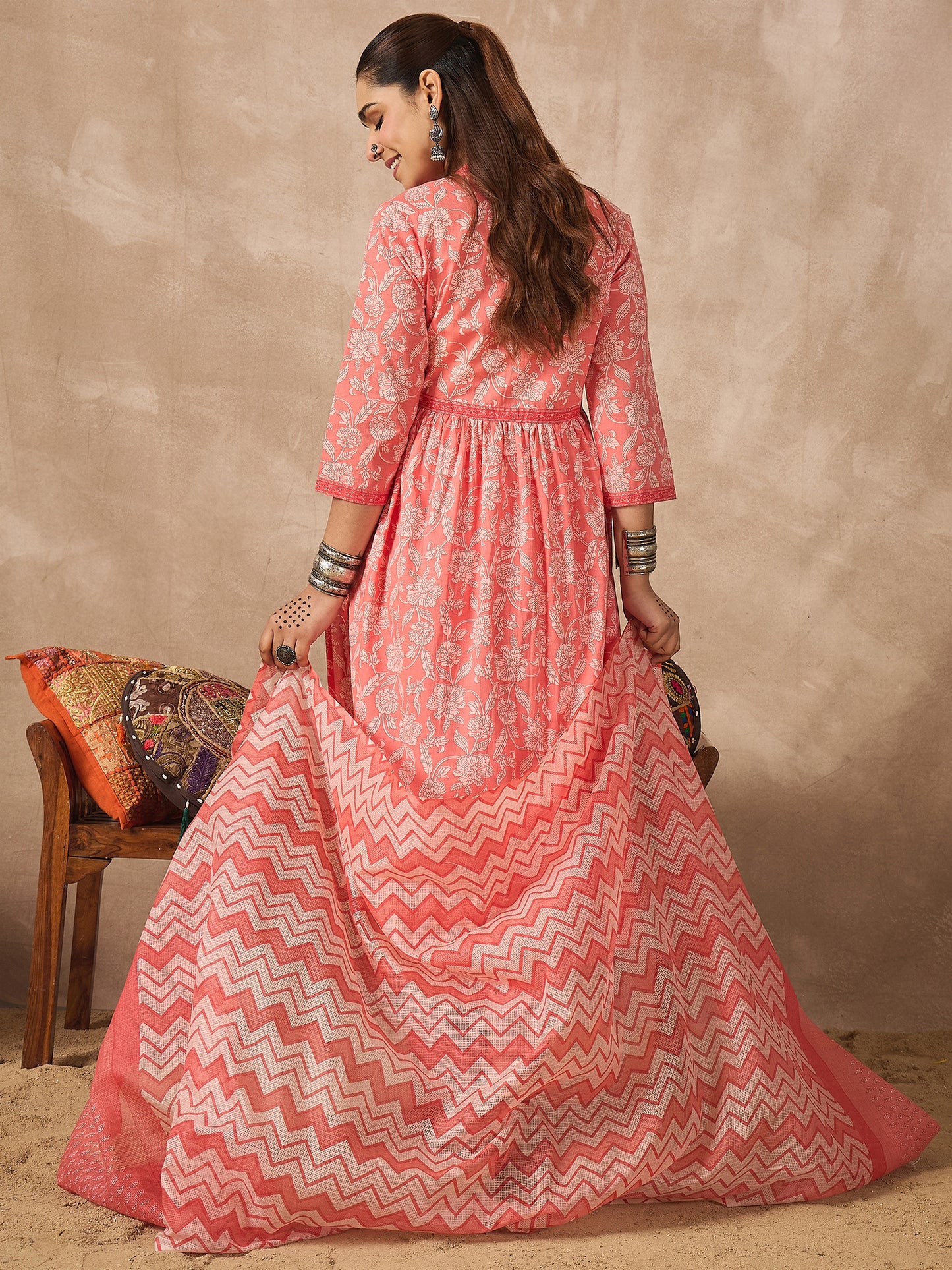 Peach Printed A-Line Kurta Trousers With Dupatta Set