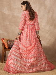 Peach Printed A-Line Kurta Trousers With Dupatta Set