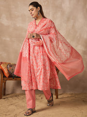 Peach Printed A-Line Kurta Trousers With Dupatta Set