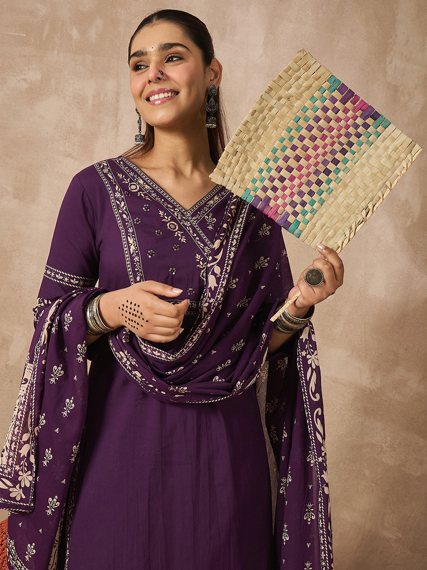 Purple Printed Straight Kurta Trousers With Dupatta set
