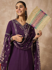 Purple Printed Straight Kurta Trousers With Dupatta set