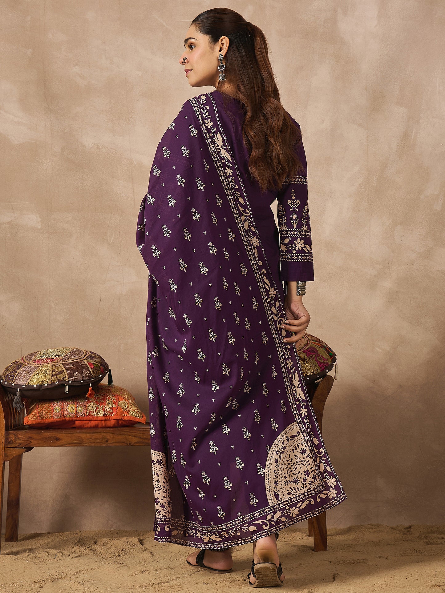 Purple Printed Straight Kurta Trousers With Dupatta set