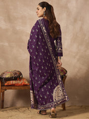 Purple Printed Straight Kurta Trousers With Dupatta set
