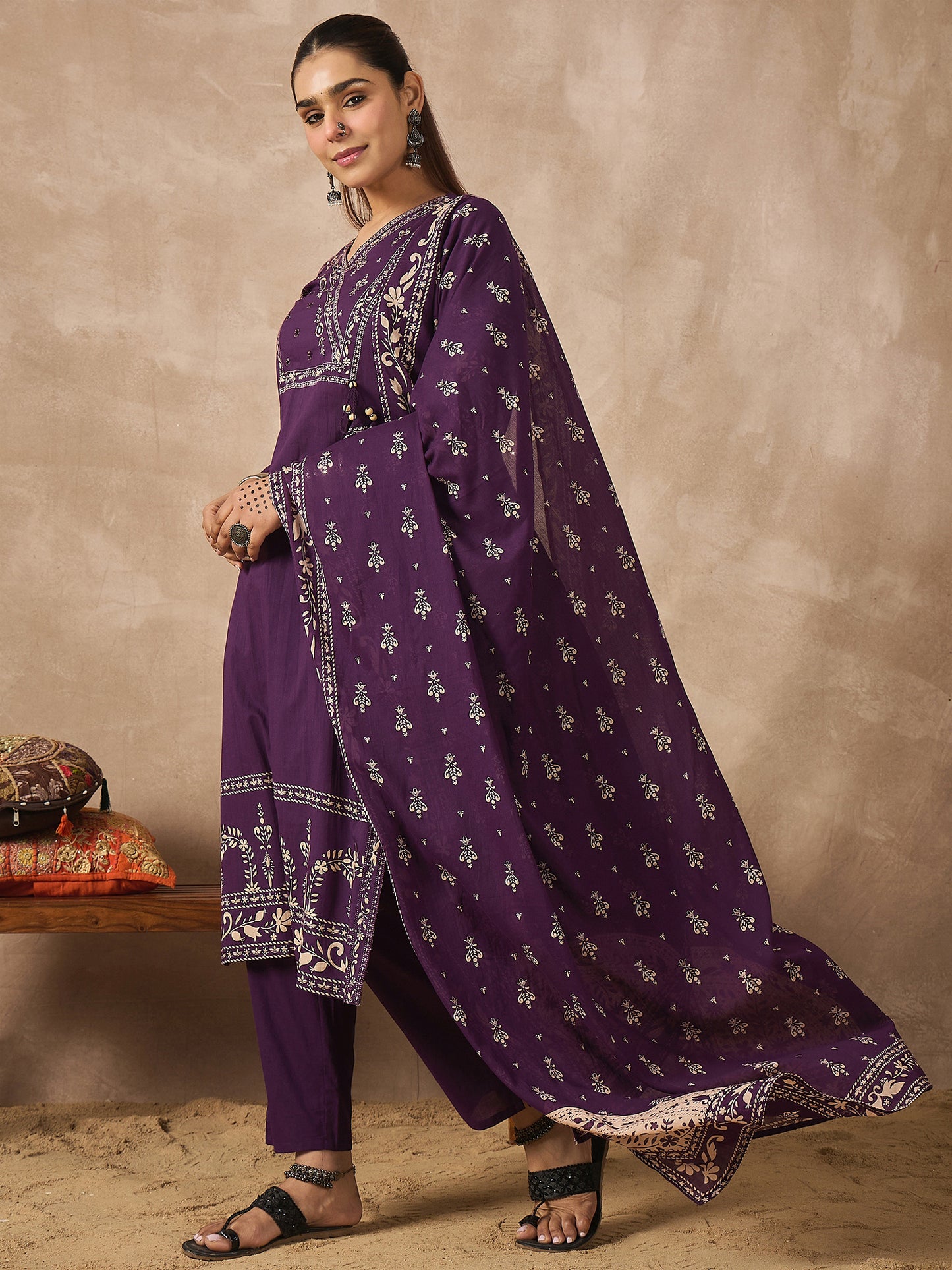 Purple Printed Straight Kurta Trousers With Dupatta set