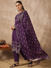 Purple Printed Straight Kurta Trousers With Dupatta set