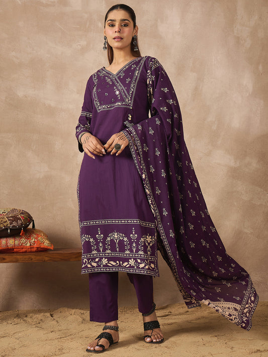 Purple Printed Straight Kurta Trousers With Dupatta set