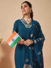 Navy Blue Embroidered Straight Kurta Trousers With Dupatta Set