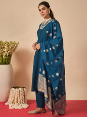 Navy Blue Embroidered Straight Kurta Trousers With Dupatta Set