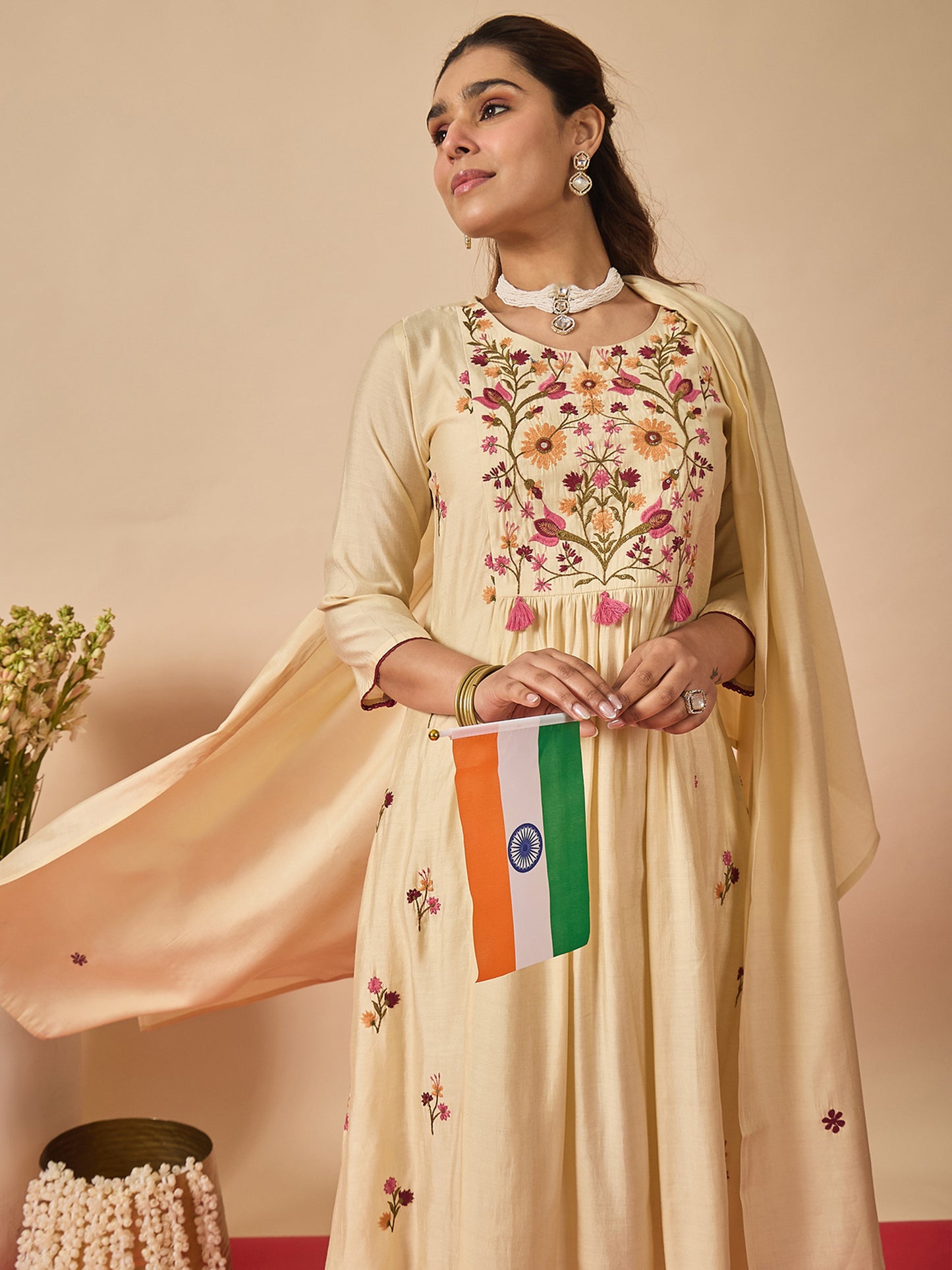 Cream Embroidered A-Line Kurta Trousers With Dupatta Set