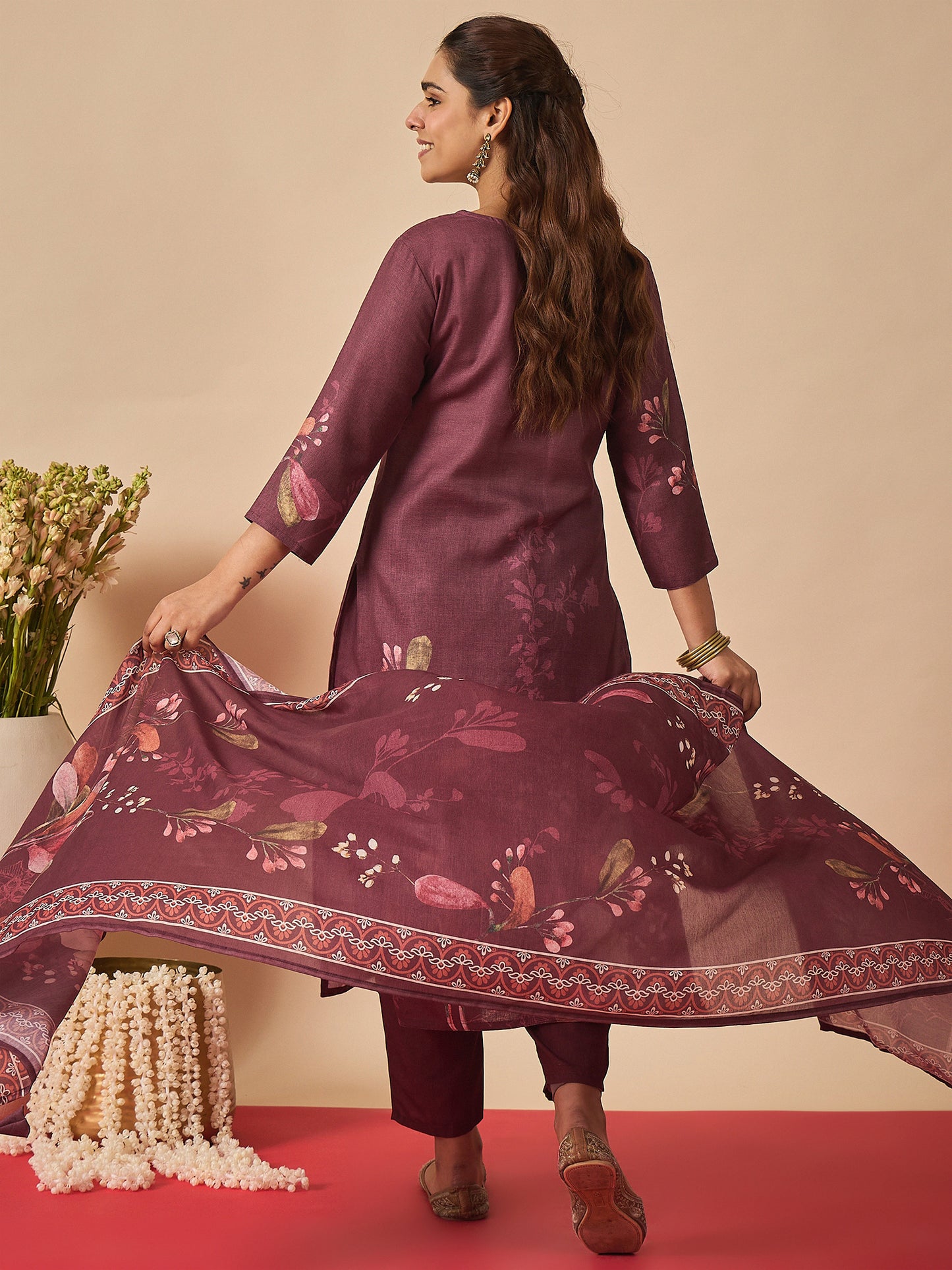 Burgundy Printed Straight Kurta Trousers With Dupatta set