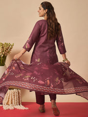 Burgundy Printed Straight Kurta Trousers With Dupatta set