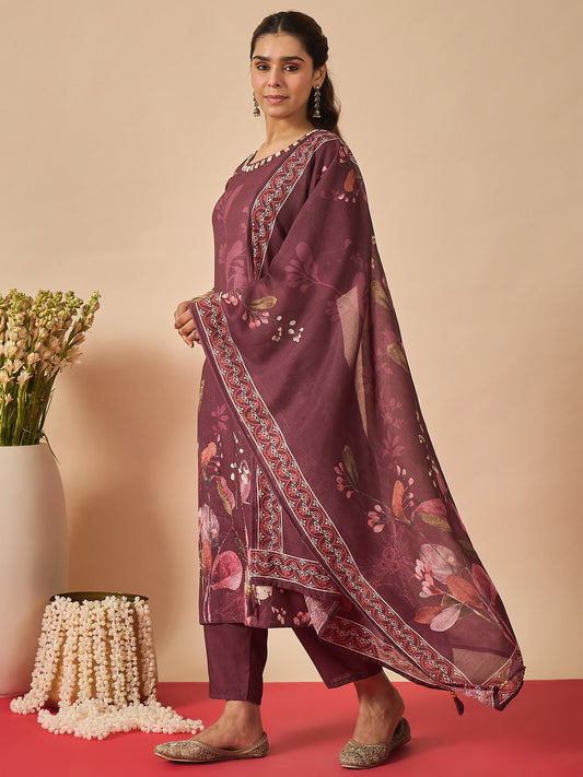 Burgundy Printed Straight Kurta Trousers With Dupatta set