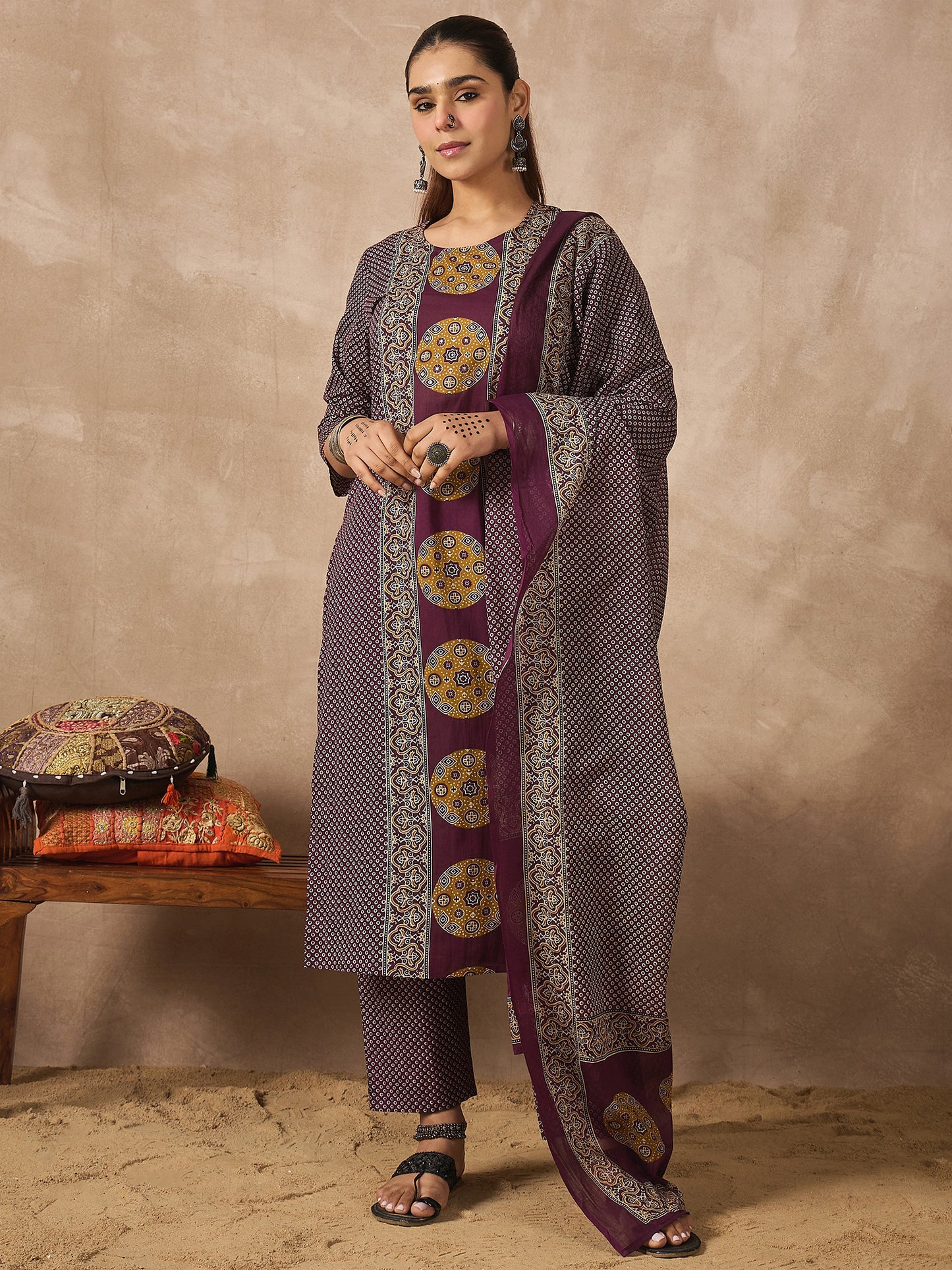 Purple Printed Straight Kurta Trousers With Dupatta set