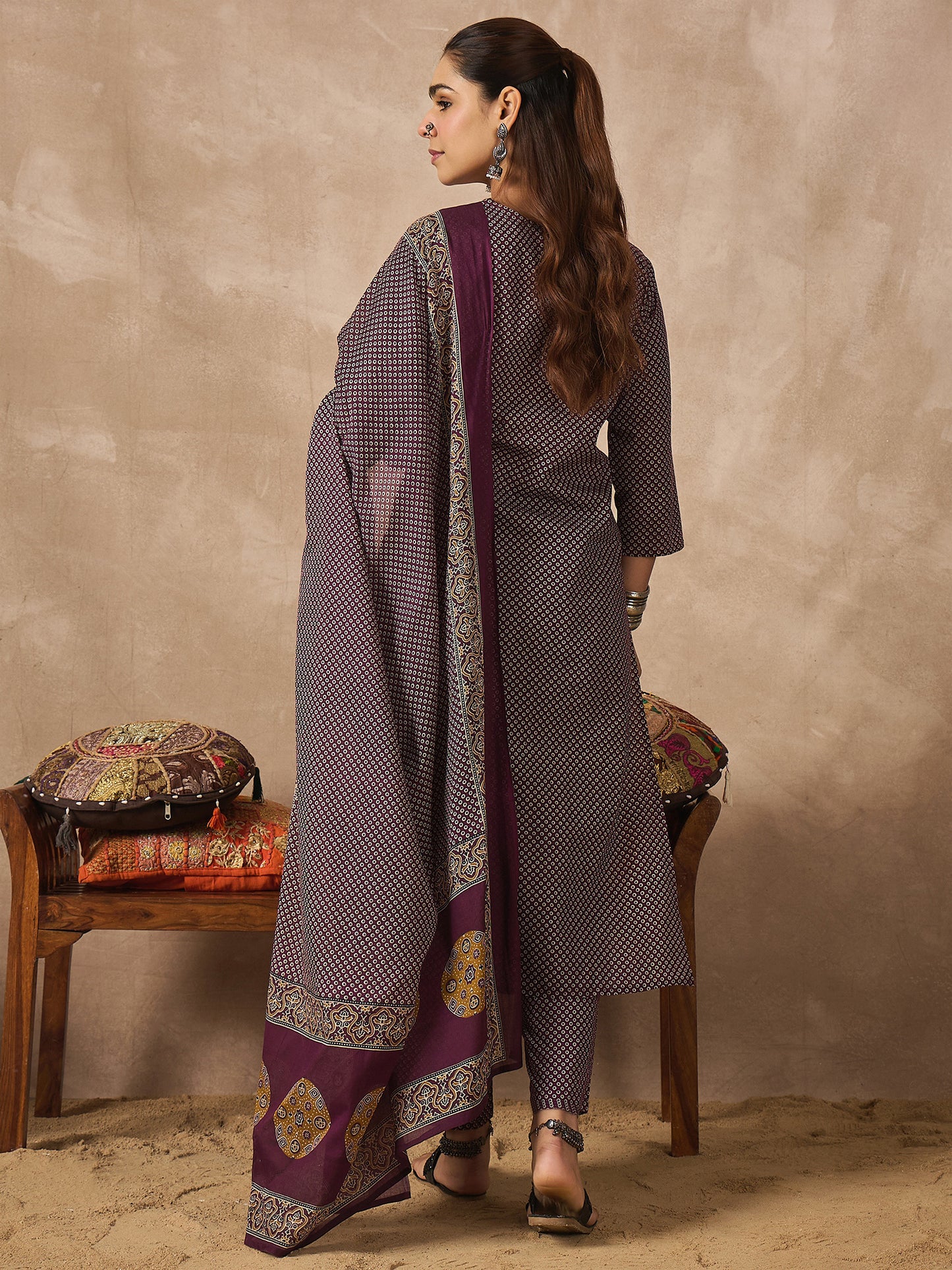 Purple Printed Straight Kurta Trousers With Dupatta set