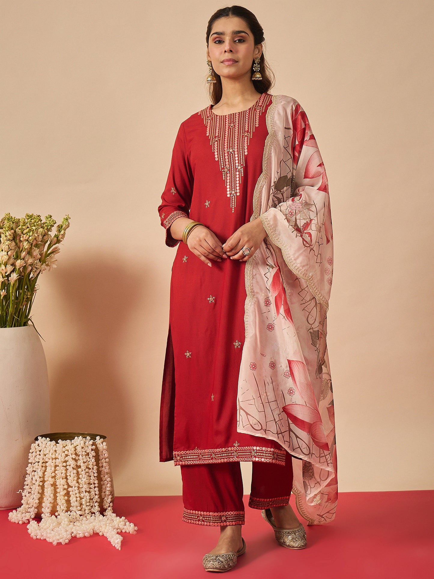 Rust Embroidered Straight Kurta Palazzos With Dupatta set