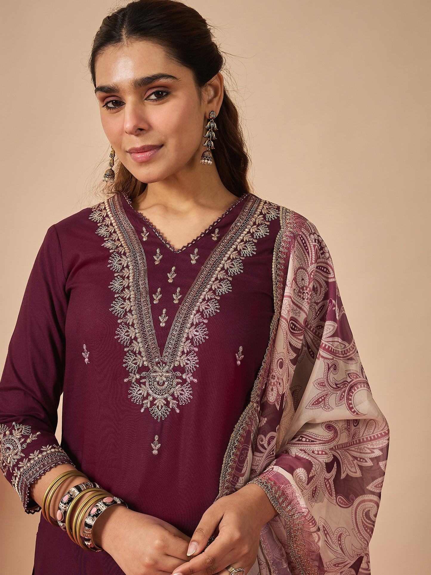 Burgundy Embroidered Straight Kurta Salwar With Dupatta set