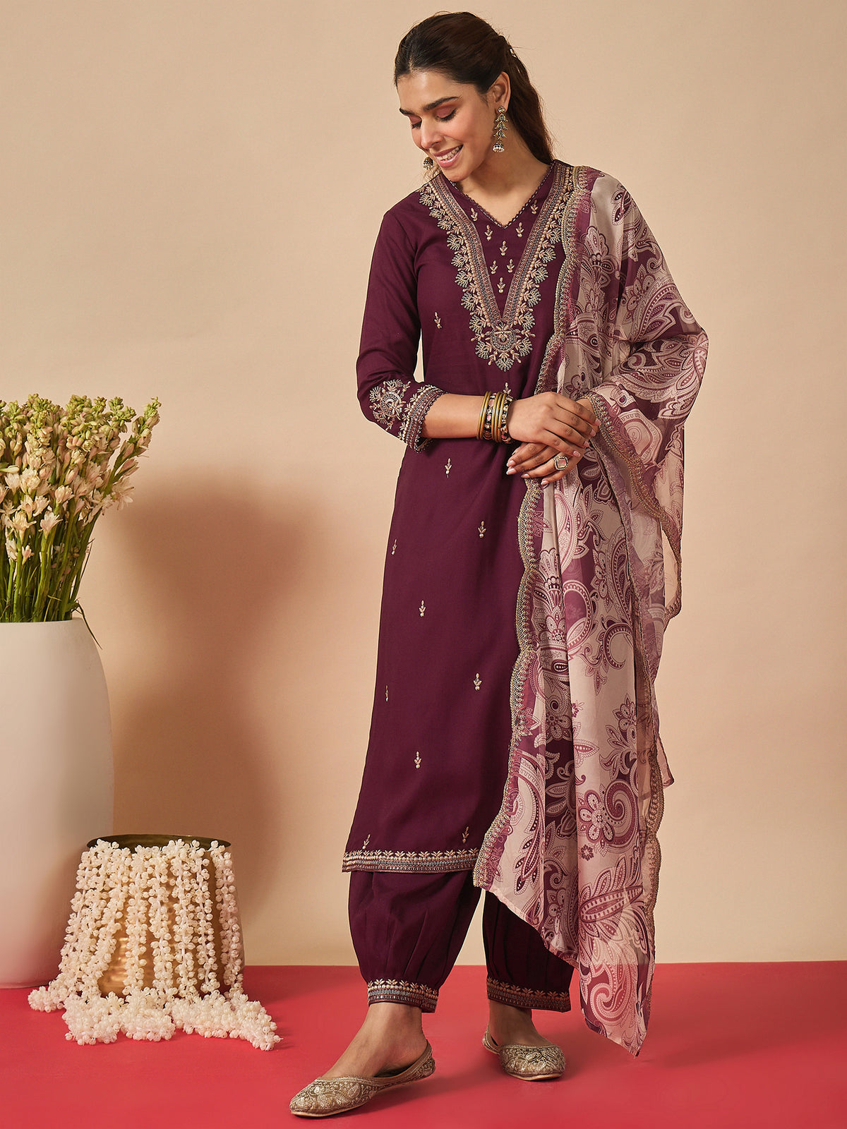 Burgundy Embroidered Straight Kurta Salwar With Dupatta set