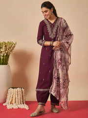 Burgundy Embroidered Straight Kurta Salwar With Dupatta set