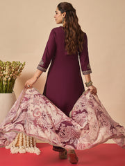 Burgundy Embroidered Straight Kurta Salwar With Dupatta set