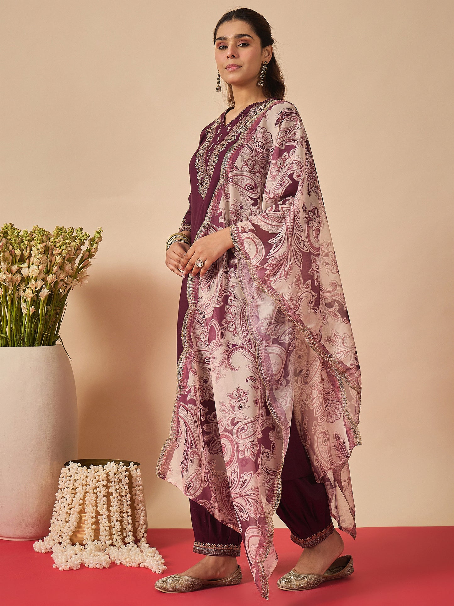 Burgundy Embroidered Straight Kurta Salwar With Dupatta set
