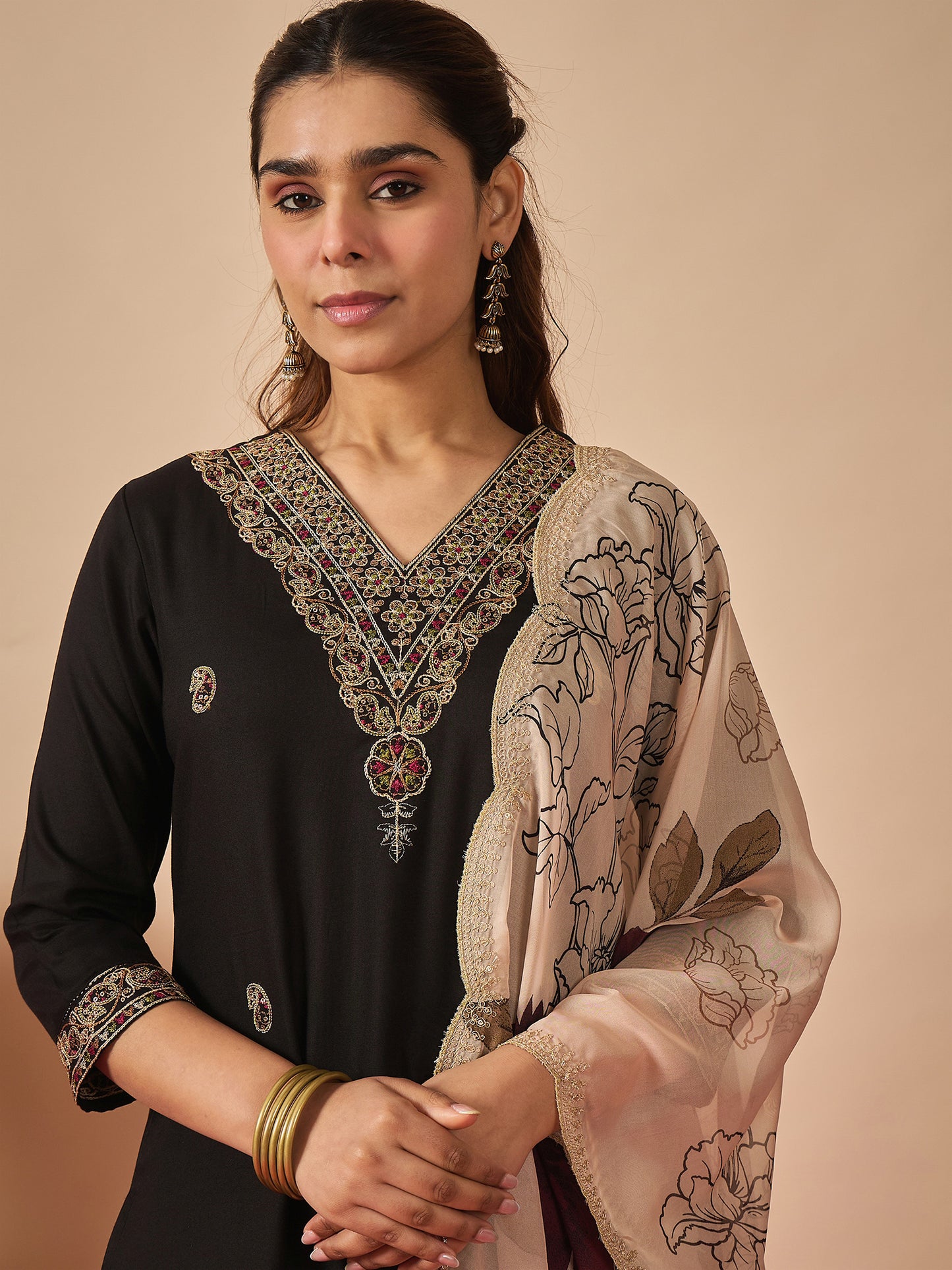 Black Embroidered Straight Kurta Salwar With Dupatta set