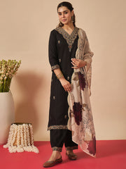Black Embroidered Straight Kurta Salwar With Dupatta set