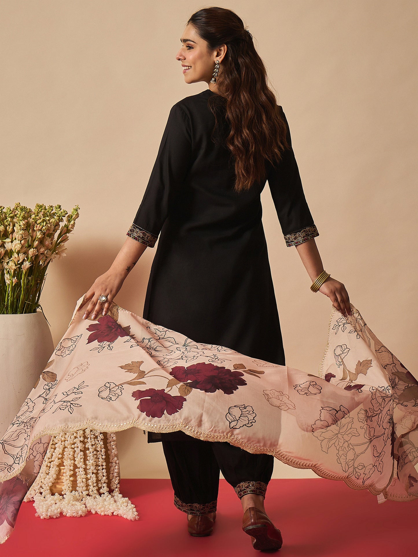 Black Embroidered Straight Kurta Salwar With Dupatta set