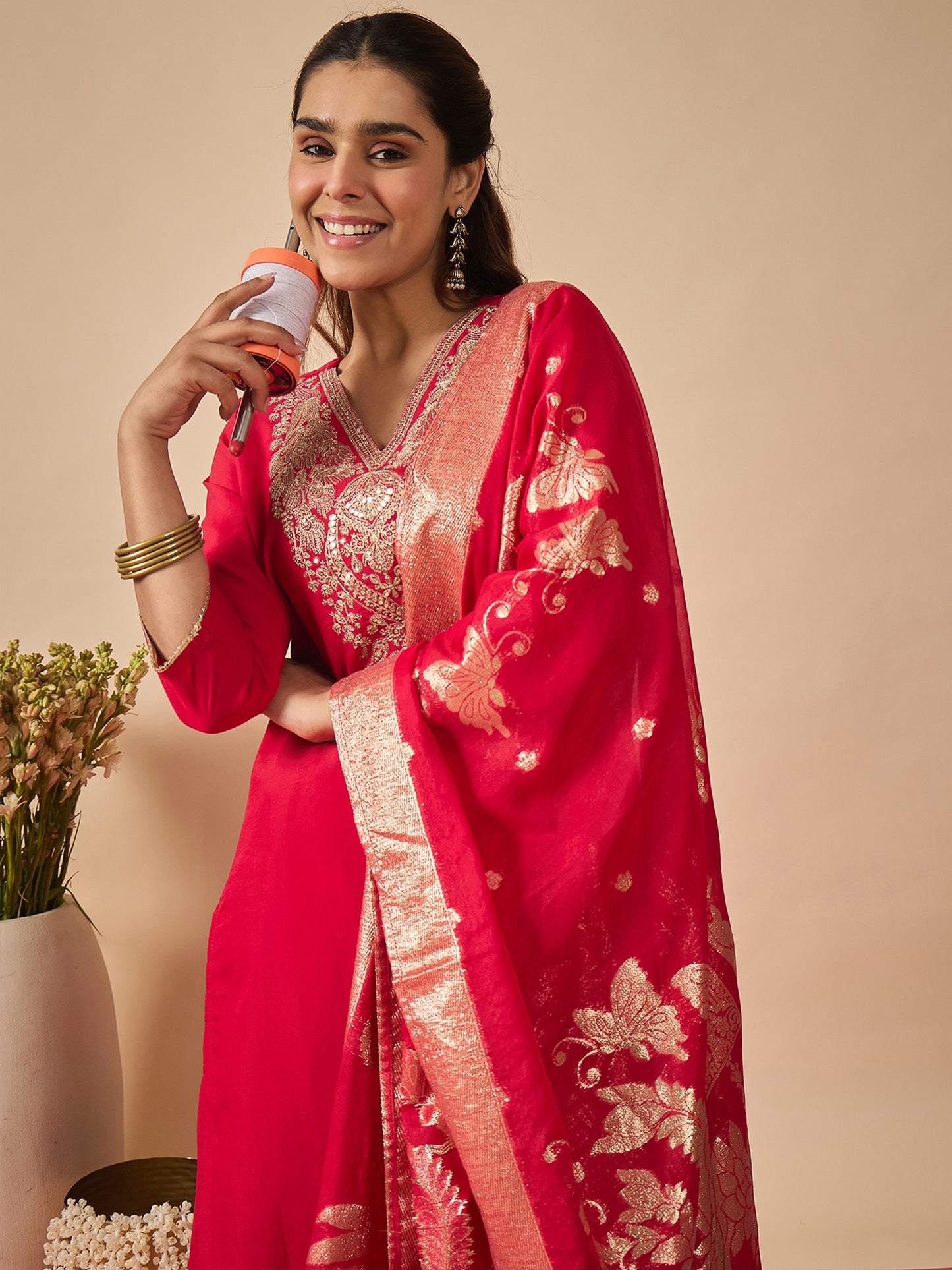 Pink Embroidered Straight Kurta Trousers With Dupatta set