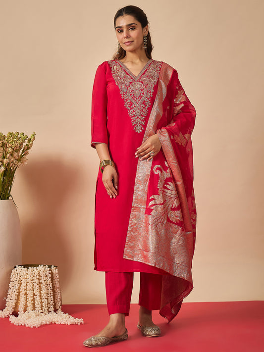 Pink Embroidered Straight Kurta Trousers With Dupatta set