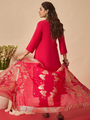 Pink Embroidered Straight Kurta Trousers With Dupatta set