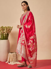 Pink Embroidered Straight Kurta Trousers With Dupatta set