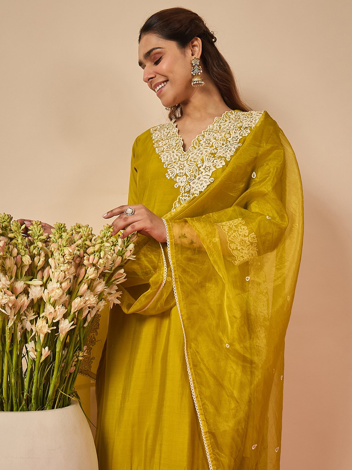 Green Embroidered Straight Kurta Trousers With Dupatta set
