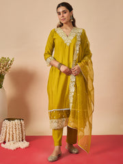 Green Embroidered Straight Kurta Trousers With Dupatta set