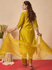 Green Embroidered Straight Kurta Trousers With Dupatta set