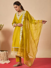 Green Embroidered Straight Kurta Trousers With Dupatta set