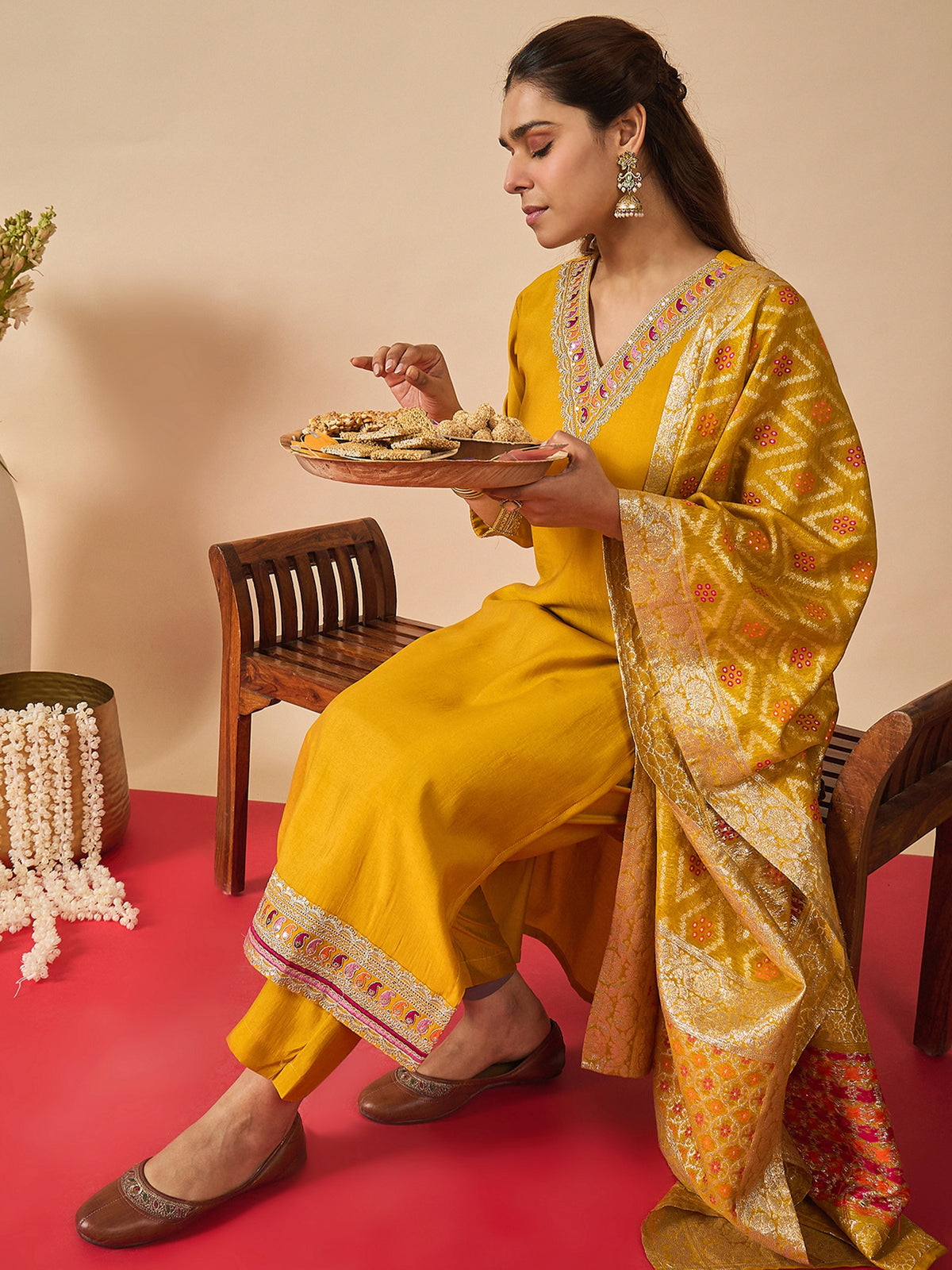 Mustard Embroidered Straight Kurta Trousers With Dupatta set-KH9MT12528