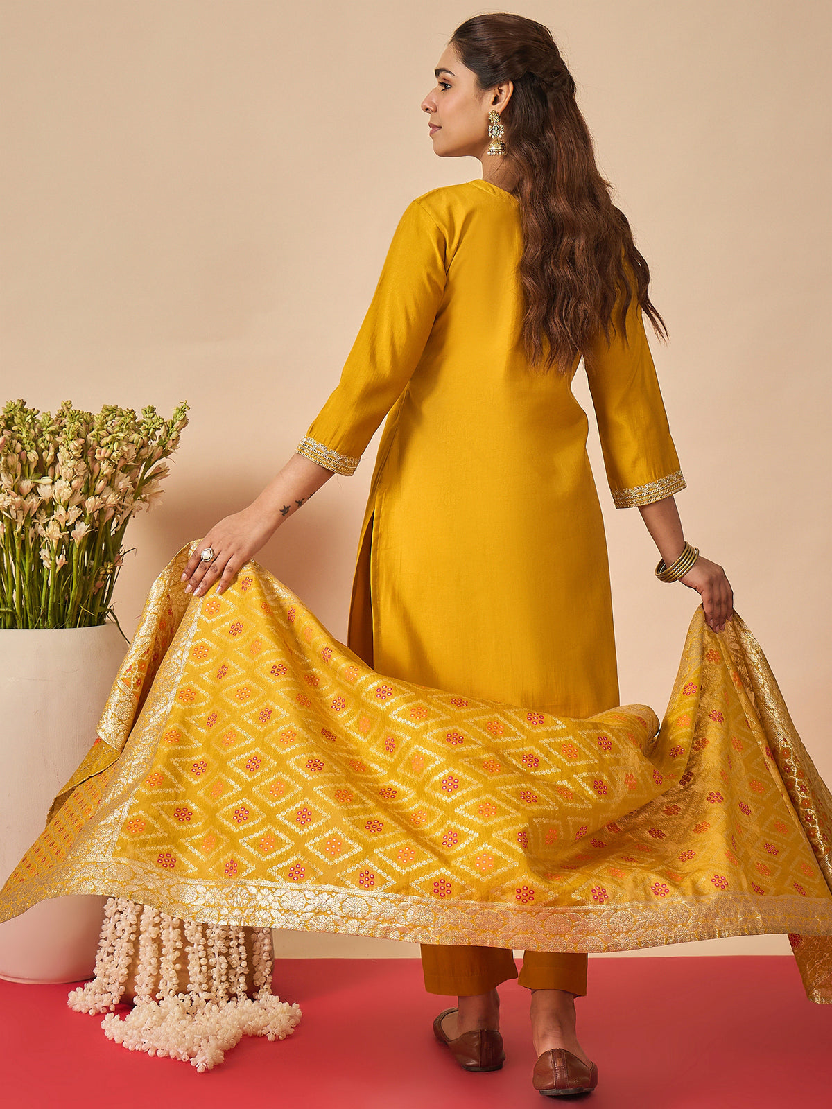 Mustard Embroidered Straight Kurta Trousers With Dupatta set-KH9MT12528