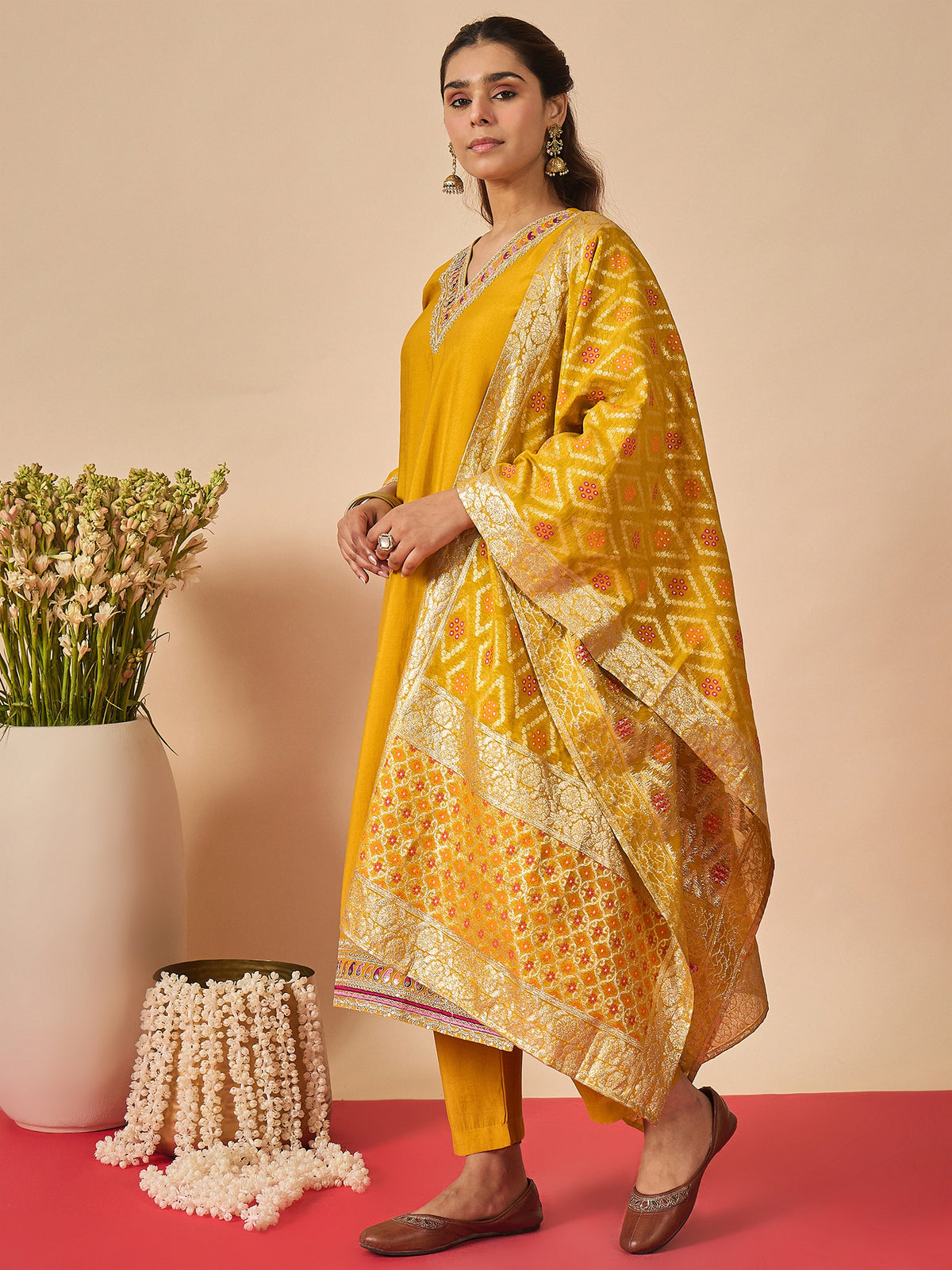 Mustard Embroidered Straight Kurta Trousers With Dupatta set-KH9MT12528
