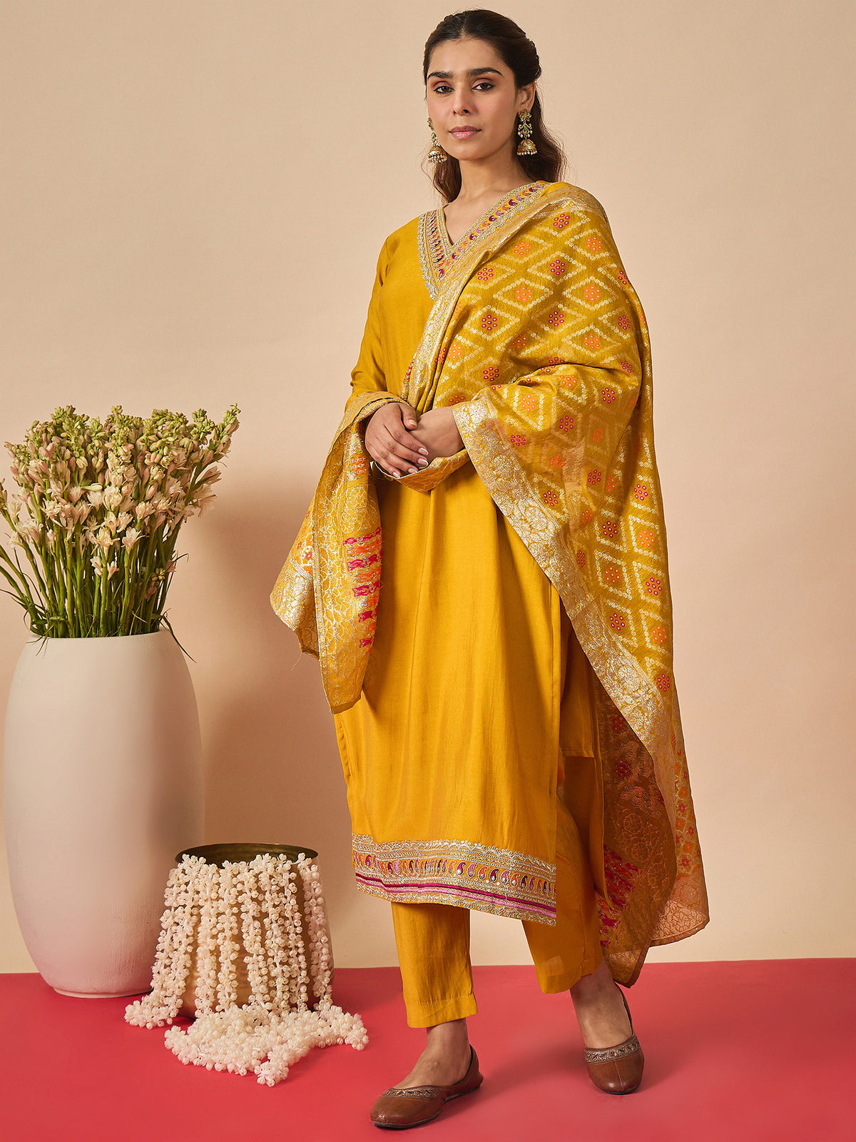 Mustard Embroidered Straight Kurta Trousers With Dupatta set-KH9MT12528