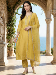 Yellow Embroidered Straight Kurta Trousers With Dupatta Set