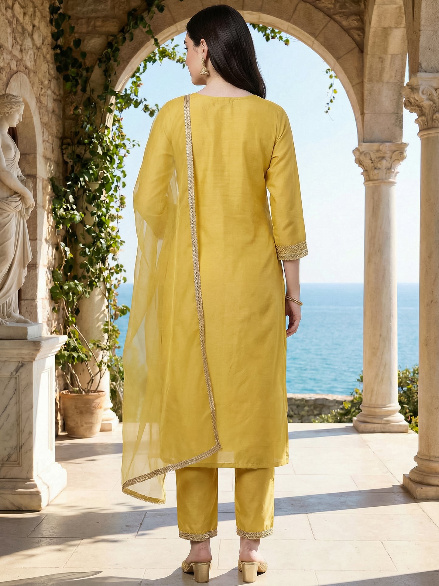 Yellow Embroidered Straight Kurta Trousers With Dupatta Set