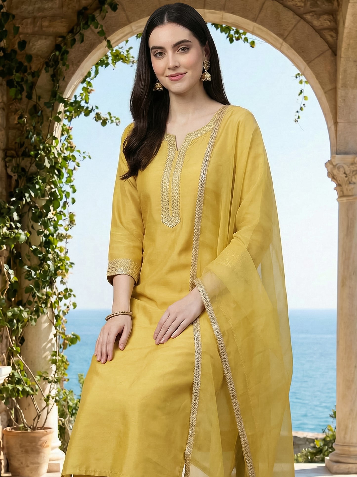 Yellow Embroidered Straight Kurta Trousers With Dupatta Set