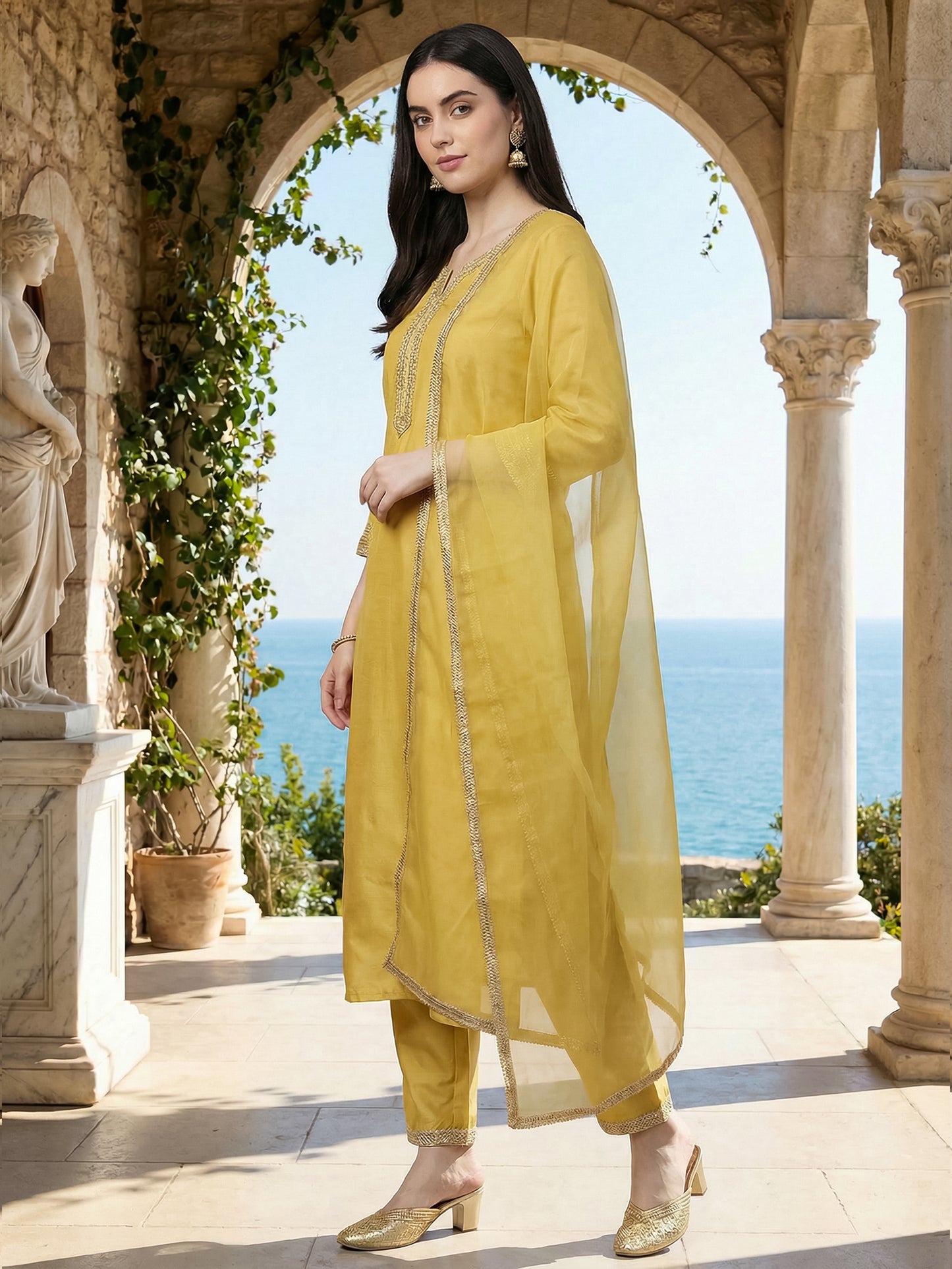 Yellow Embroidered Straight Kurta Trousers With Dupatta Set