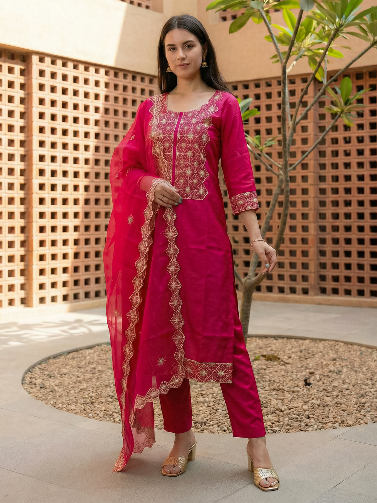Pink Embroidered Straight Kurta Trousers With Dupatta Set-KH9RP12416