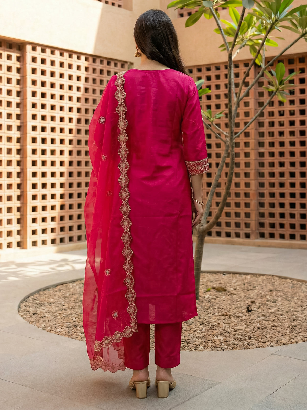 Pink Embroidered Straight Kurta Trousers With Dupatta Set-KH9RP12416
